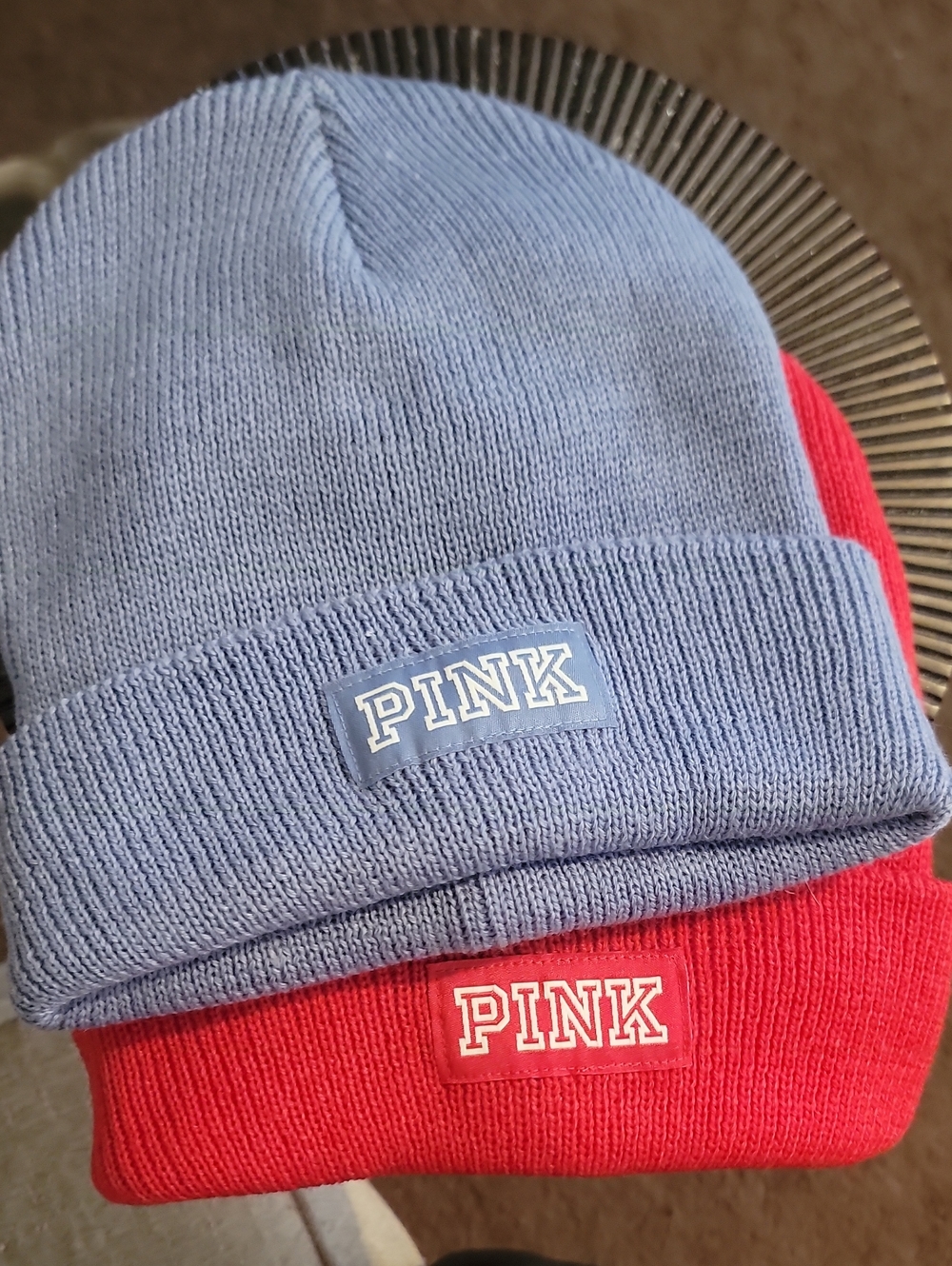 PINK Victoria's Secret Womans Two-Tone Ribbed Beanie - Light Blue & Red